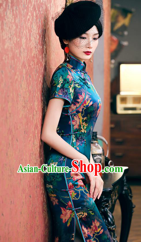 China Classical Mangnolia Pattern Cheongsam Traditional Shanghai Young Lady Blue Silk Qipao Dress