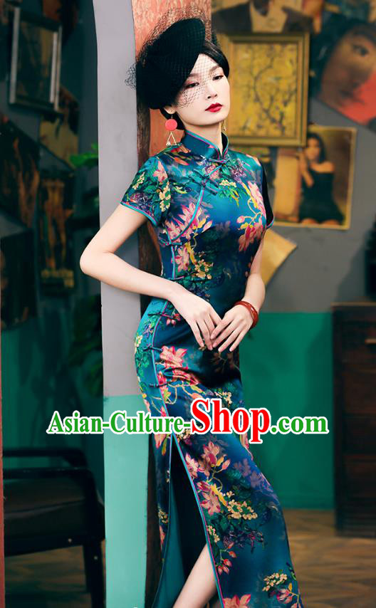 China Classical Mangnolia Pattern Cheongsam Traditional Shanghai Young Lady Blue Silk Qipao Dress