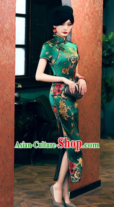 China Classical Dance Performance Cheongsam Traditional Shanghai Young Lady Green Silk Qipao Dress
