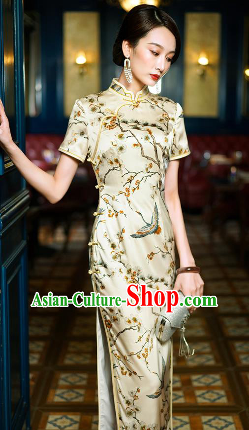 China Classical Crane Pattern Cheongsam Traditional Shanghai Young Concubine Beige Silk Qipao Dress