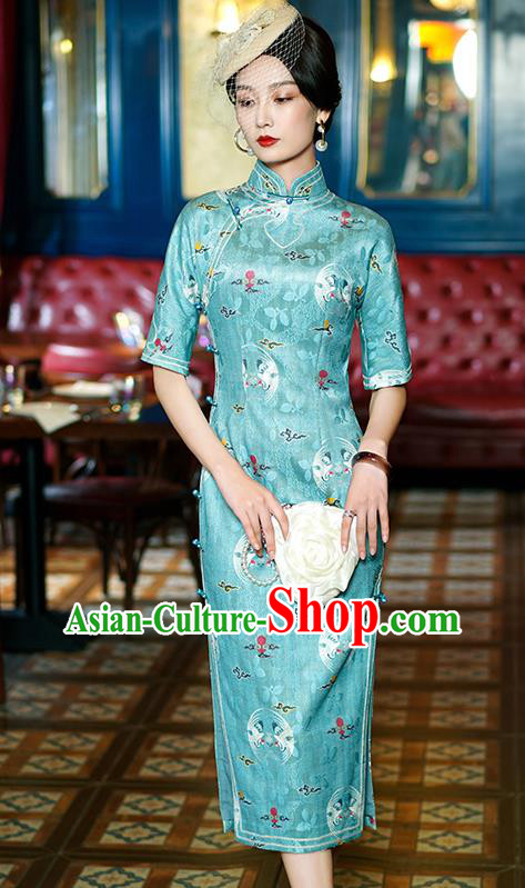 China Classical Stand Collar Cheongsam Traditional Minguo Shanghai Young Lady Printing Green Qipao Dress