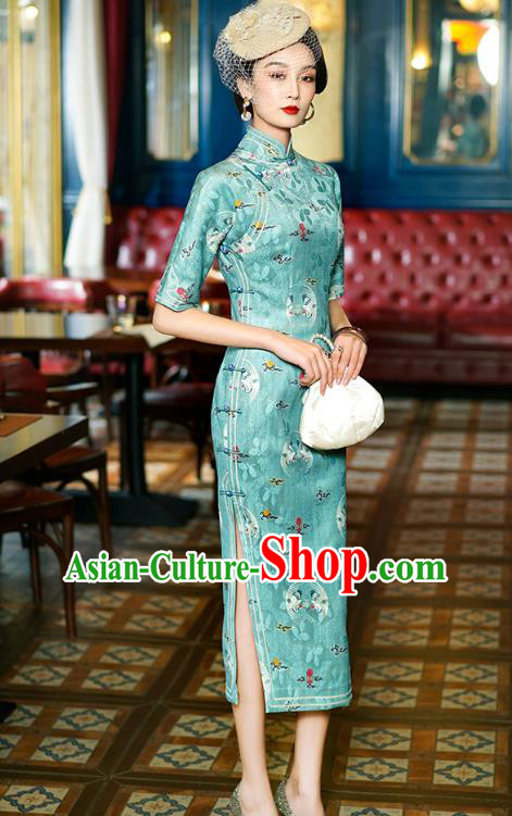 China Classical Stand Collar Cheongsam Traditional Minguo Shanghai Young Lady Printing Green Qipao Dress