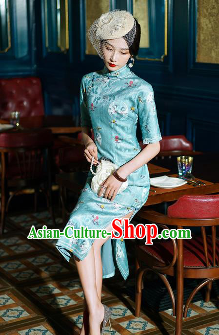 China Classical Stand Collar Cheongsam Traditional Minguo Shanghai Young Lady Printing Green Qipao Dress