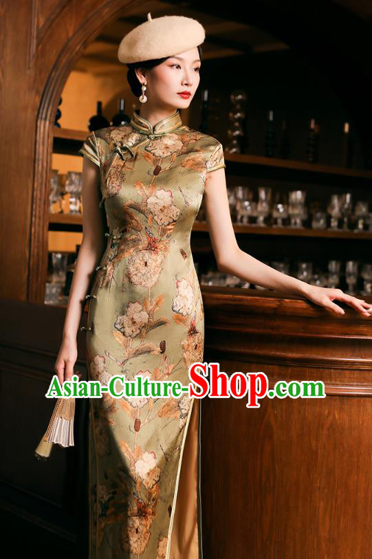 China Classical Shanghai Young Lady Cheongsam Traditional Minguo Printing Olive Green Silk Qipao Dress