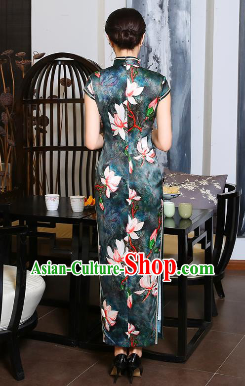 China Classical Shanghai Young Woman Cheongsam Traditional Minguo Printing Mangnolia Navy Silk Qipao Dress