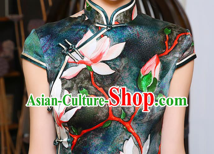 China Classical Shanghai Young Woman Cheongsam Traditional Minguo Printing Mangnolia Navy Silk Qipao Dress
