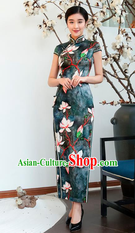 China Classical Shanghai Young Woman Cheongsam Traditional Minguo Printing Mangnolia Navy Silk Qipao Dress