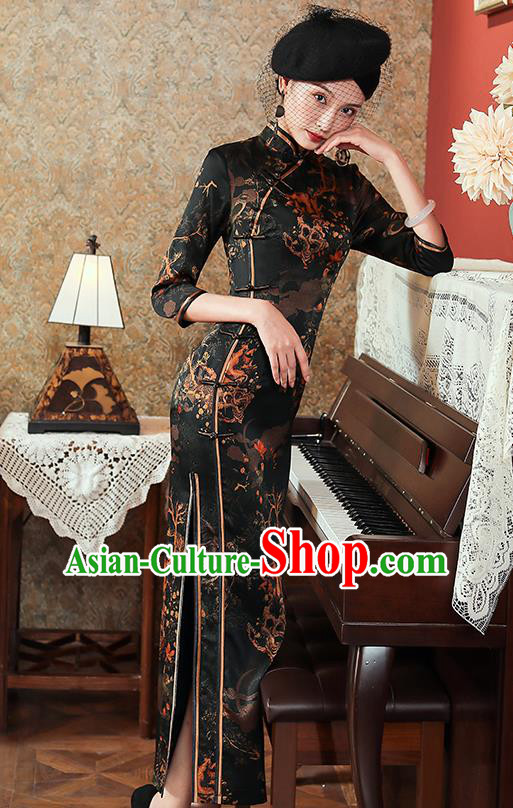 China Classical Shanghai Rich Concubine Cheongsam Traditional Minguo Young Woman Black Silk Qipao Dress