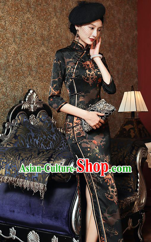 China Classical Shanghai Rich Concubine Cheongsam Traditional Minguo Young Woman Black Silk Qipao Dress