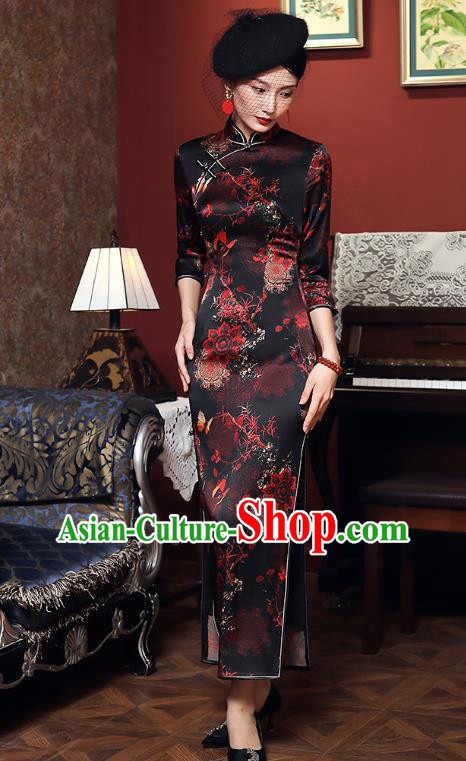 China Traditional Minguo Young Woman Black Silk Qipao Dress Classical Shanghai Cheongsam