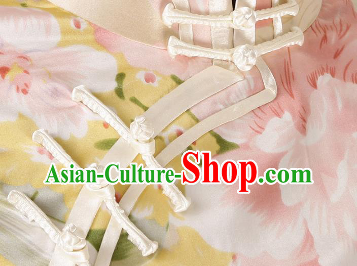 China Traditional Mandarin Sleeve Qipao Dress Classical Printing Flowers Silk Cheongsam