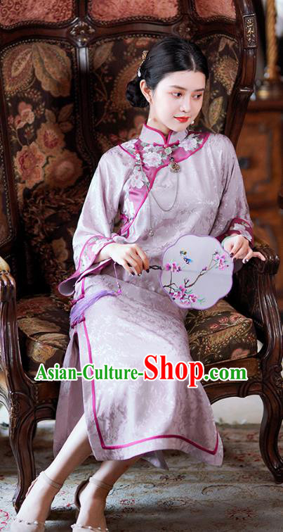 China Classical Embroidered Lilac Silk Cheongsam Traditional Minguo Mandarin Sleeve Qipao Dress