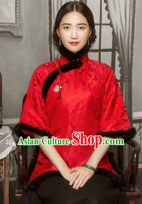 Chinese Tang Suit Winter Red Silk Outer Garment Clothing National Cotton Wadded Jacket