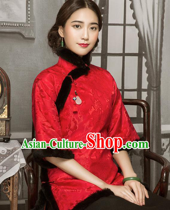 Chinese Tang Suit Winter Red Silk Outer Garment Clothing National Cotton Wadded Jacket