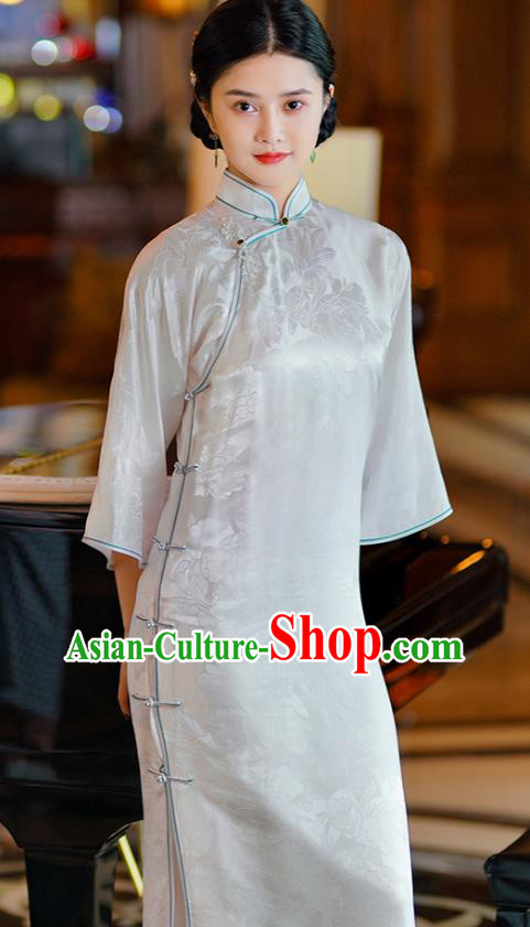 Republic of China Classical Shanghai White Silk Qipao Dress Traditional Minguo Young Lady Cheongsam
