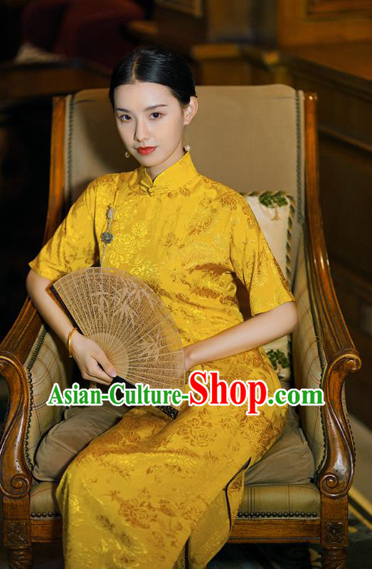 Republic of China Classical Shanghai Beauty Qipao Dress Traditional Minguo Young Lady Bright Yellow Silk Cheongsam