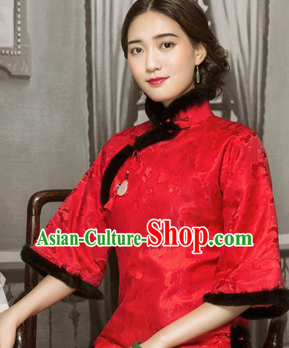Chinese Tang Suit Winter Red Silk Outer Garment Clothing National Cotton Wadded Jacket
