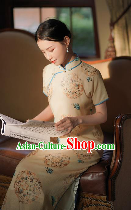 Republic of China Classical Printing Butterfly Qipao Dress Traditional Minguo Shanghai Woman Apricot Cheongsam