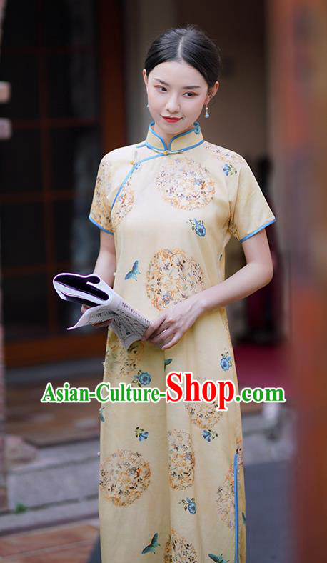 Republic of China Classical Printing Butterfly Qipao Dress Traditional Minguo Shanghai Woman Apricot Cheongsam