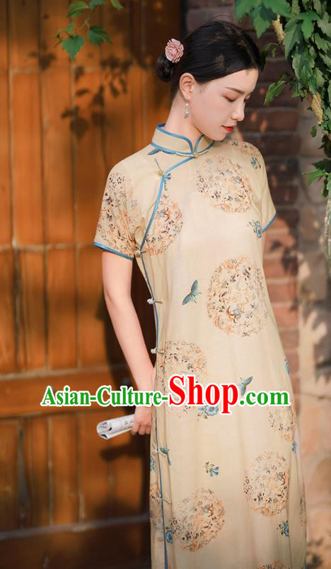 Republic of China Classical Printing Butterfly Qipao Dress Traditional Minguo Shanghai Woman Apricot Cheongsam