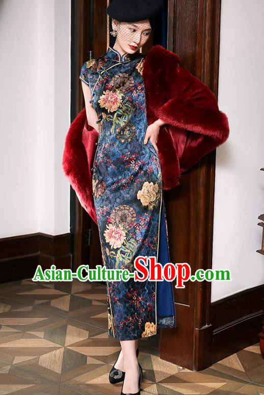 China Classical Printing Peony Navy Silk Cheongsam Traditional Minguo Shanghai Stand Collar Qipao Dress