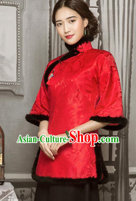 Chinese Tang Suit Winter Red Silk Outer Garment Clothing National Cotton Wadded Jacket