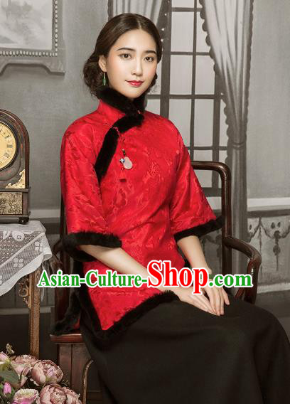 Chinese Tang Suit Winter Red Silk Outer Garment Clothing National Cotton Wadded Jacket