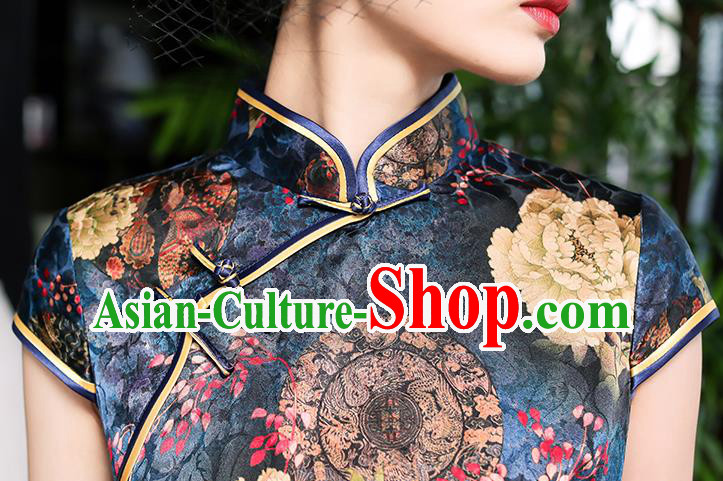China Classical Printing Peony Navy Silk Cheongsam Traditional Minguo Shanghai Stand Collar Qipao Dress