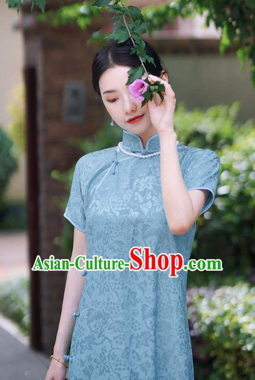 Republic of China Blue Silk Qipao Dress Traditional Minguo Shanghai Lady Classical Squirrel Grape Pattern Cheongsam