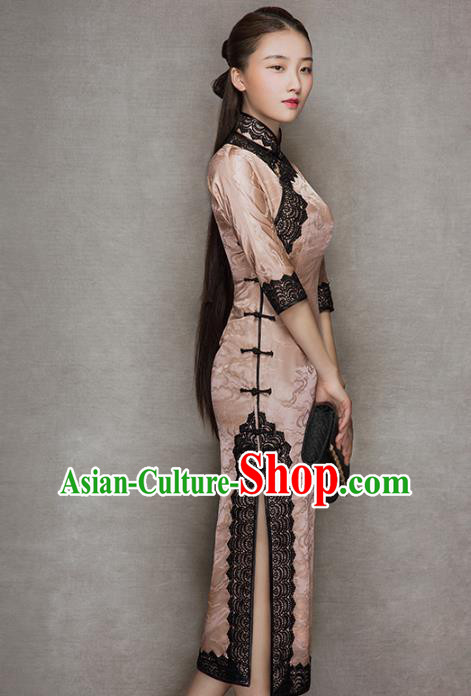 China Traditional Lace Stand Collar Qipao Dress Classical Cloud Pattern Pink Silk Cheongsam