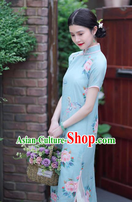 Republic of China Classical Shanghai Printing Qipao Dress Traditional Minguo Lady Blue Ramine Cheongsam