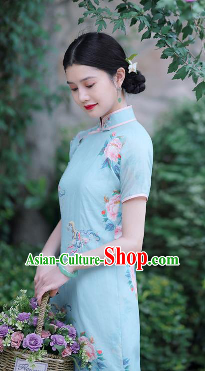 Republic of China Classical Shanghai Printing Qipao Dress Traditional Minguo Lady Blue Ramine Cheongsam