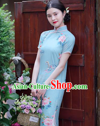 Republic of China Classical Shanghai Printing Qipao Dress Traditional Minguo Lady Blue Ramine Cheongsam