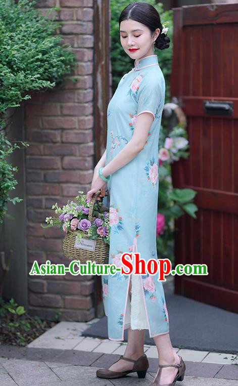 Republic of China Classical Shanghai Printing Qipao Dress Traditional Minguo Lady Blue Ramine Cheongsam