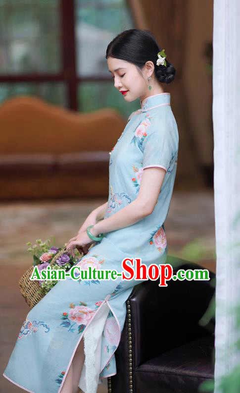 Republic of China Classical Shanghai Printing Qipao Dress Traditional Minguo Lady Blue Ramine Cheongsam