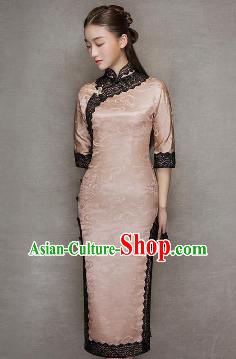 China Traditional Lace Stand Collar Qipao Dress Classical Cloud Pattern Pink Silk Cheongsam