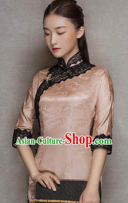 China Traditional Lace Stand Collar Qipao Dress Classical Cloud Pattern Pink Silk Cheongsam