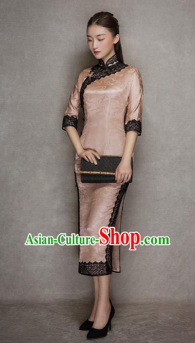 China Traditional Lace Stand Collar Qipao Dress Classical Cloud Pattern Pink Silk Cheongsam