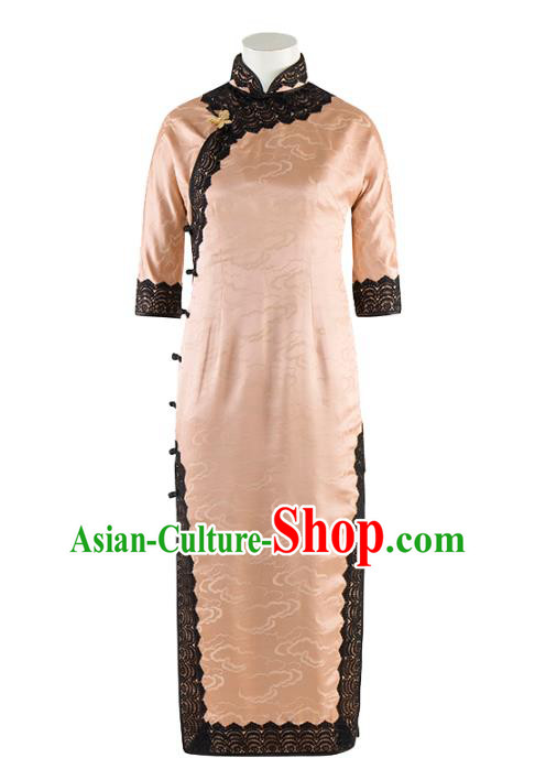 China Traditional Lace Stand Collar Qipao Dress Classical Cloud Pattern Pink Silk Cheongsam