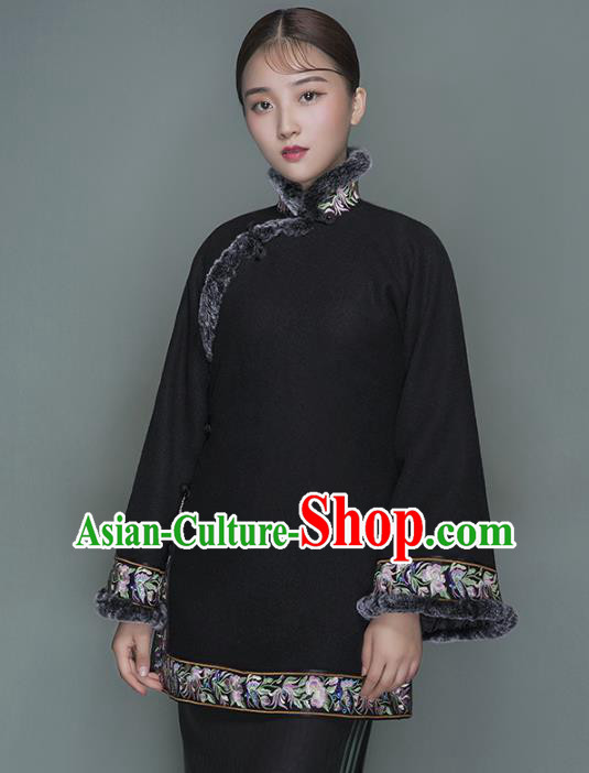 Chinese Tang Suit Outer Garment Woman Winter Clothing National Embroidered Black Woolen Jacket