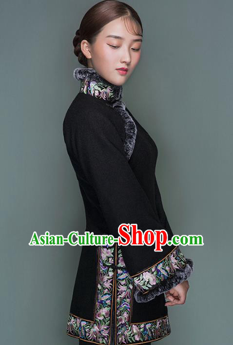 Chinese Tang Suit Outer Garment Woman Winter Clothing National Embroidered Black Woolen Jacket