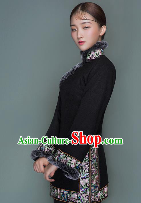 Chinese Tang Suit Outer Garment Woman Winter Clothing National Embroidered Black Woolen Jacket