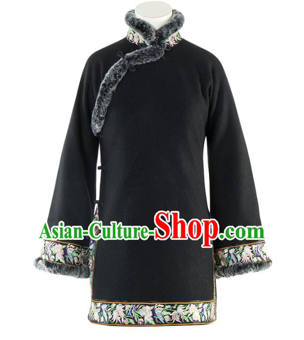 Chinese Tang Suit Outer Garment Woman Winter Clothing National Embroidered Black Woolen Jacket