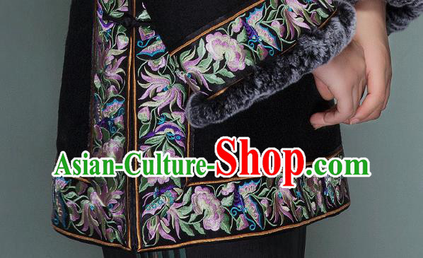 Chinese Tang Suit Outer Garment Woman Winter Clothing National Embroidered Black Woolen Jacket