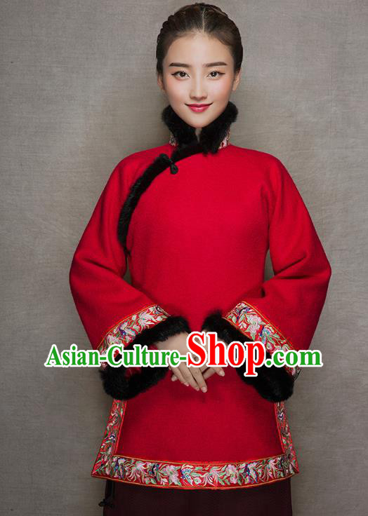Chinese National Embroidered Red Woolen Jacket Tang Suit Outer Garment Woman Winter Clothing