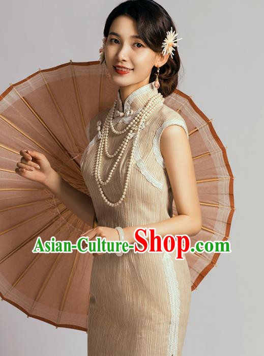China Classical Dance Cheongsam Traditional Young Lady Apricot Short Qipao Dress
