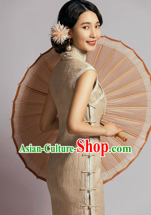 China Classical Dance Cheongsam Traditional Young Lady Apricot Short Qipao Dress