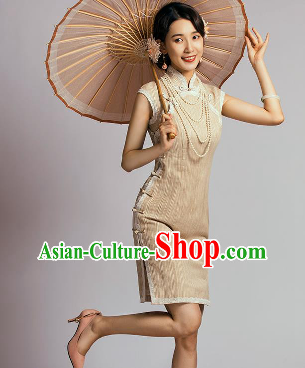 China Classical Dance Cheongsam Traditional Young Lady Apricot Short Qipao Dress