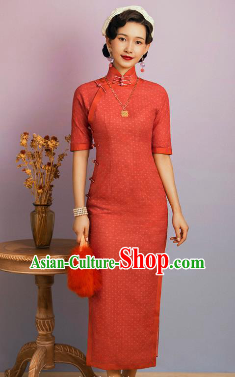China Classical Stage Performance Cheongsam Traditional Shanghai Young Beauty Red Flax Qipao Dress