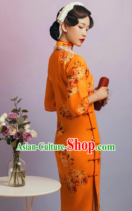 China Classical Wide Sleeve Cheongsam Traditional Minguo Shanghai Printing Flowers Orange Qipao Dress